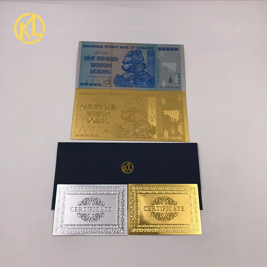 10pcs/lot Zimbabwe Banknote One Hundred Trillion Dollars Zimbabwe Gold and silver color Foil Plastic Banknote with Certificate
10pcs/lot Zimbabwe Banknote One Hundred Trillion Dollars Zimbabwe Gold and silver color Foil Plastic Banknote with Certificate