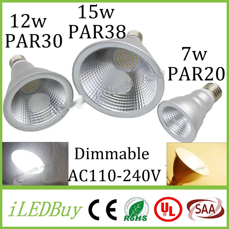 50 шт. диммируемая Светодиодная лампа par38 par30 par20 AC100 240V 7 Вт 12 15 E27 par 20 30 38 прожектор