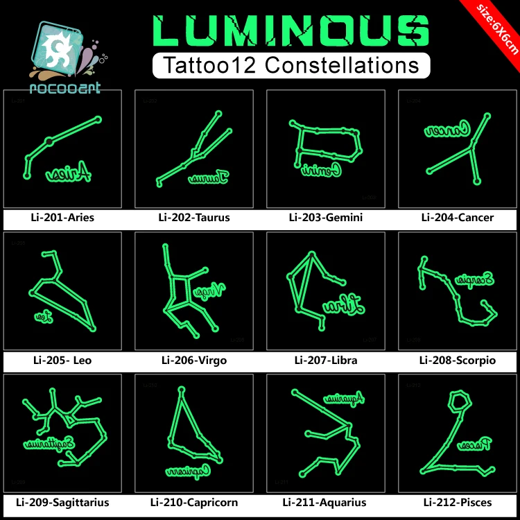 New Pretty Luminous Tattoo Stickers Body Art Glow in the Dark Temporary Flash Tattoos Party Twelve Constellations
New Pretty Luminous Tattoo Stickers Body Art Glow in the Dark Temporary Flash Tattoos Party Twelve Constellations