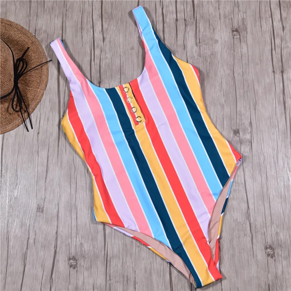 Striped one piece swimwear 2019 new bikinis colorful girls swimsuits front button swimming suit sexy tight beach wear | Спорт и