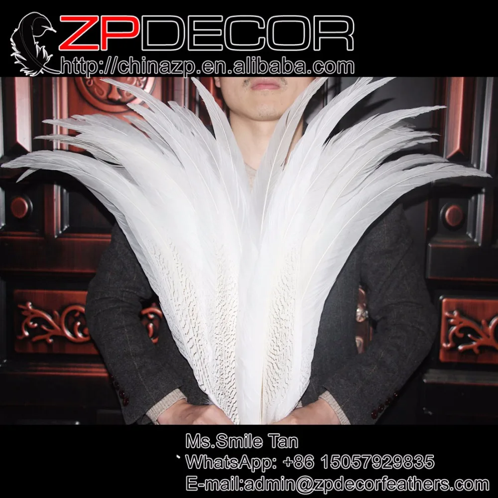 

Розничная и оптовая продажа от ZPDECOR 29-30 дюймов (75-80 см) 20 шт./лот отбеленные белые Серебряные длинные перья фазана для карнавала шоу