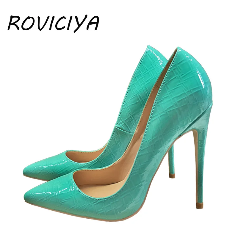 

Pumps Women High Heel 12 cm Green Pointed Toe Stilettos Wedding Valentine Brand Designer Shoes Patent leather QP053 ROVICIYA