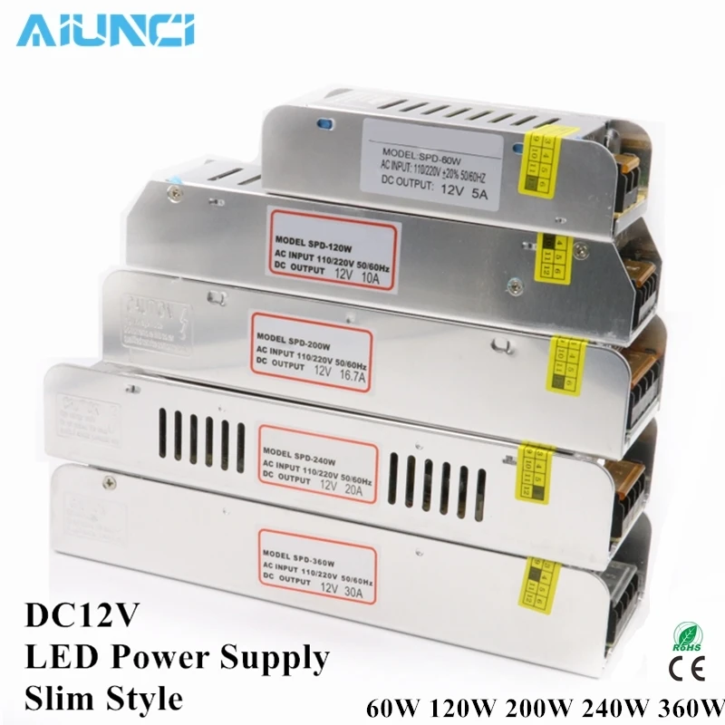 LED Power Supply AC220V to DC12V LED Adapter Slim Lighting Transformers 60W 120W 200W 240W 360W
LED Power Supply AC220V to DC12V LED Adapter Slim Lighting Transformers 60W 120W 200W 240W 360W