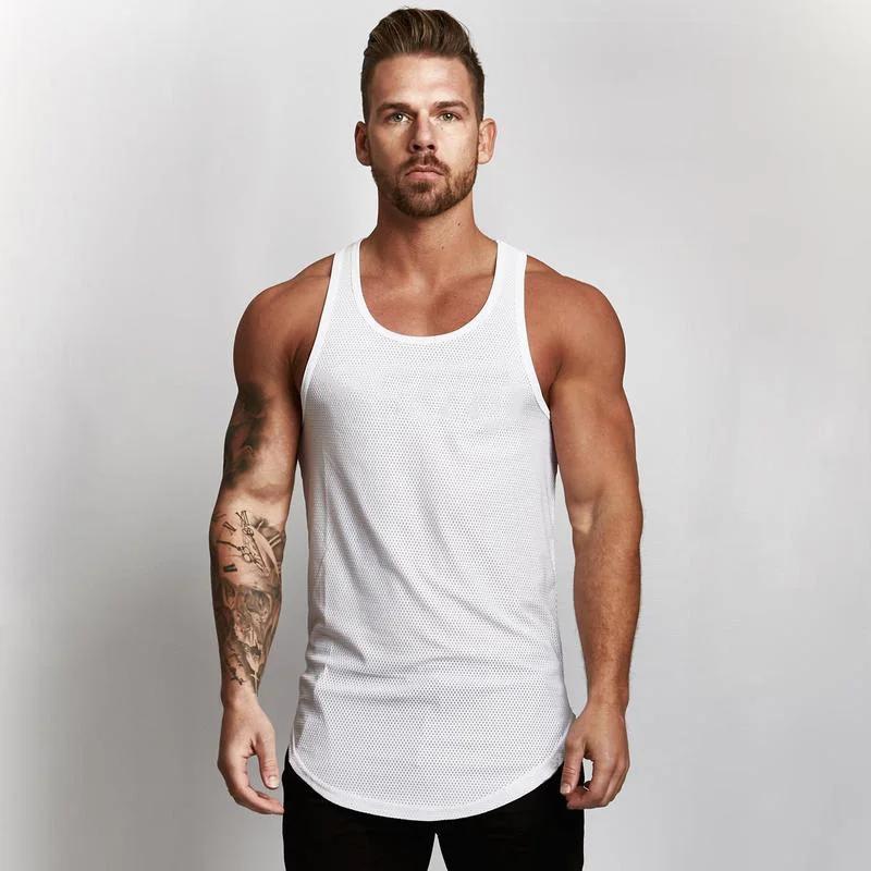 

Muscleguys Solid Tank Top Men Sleeveless Shirt Bodybuilding Stringer Fitness Mens Mesh Singlet Muscle Clothes Workout Vest