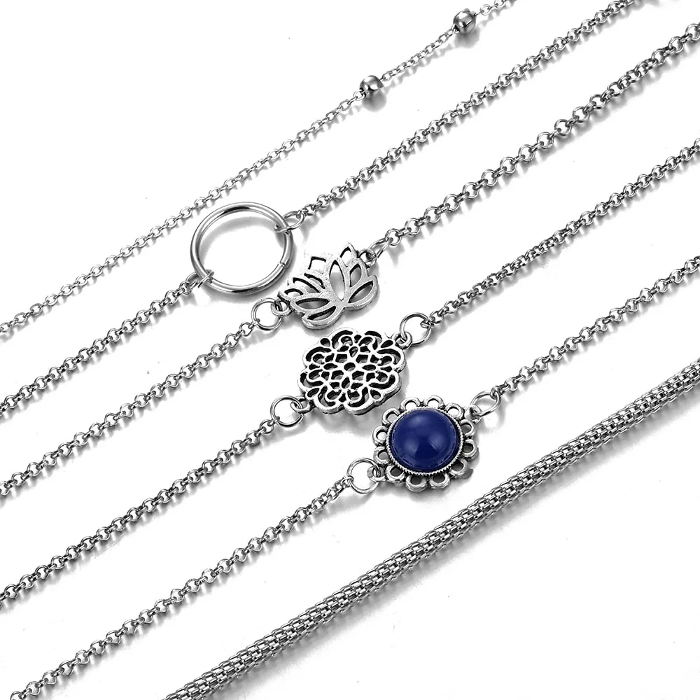 IFMIA 6pcs/set Vintage Simple Silver Color Lotus Bracelet for Women Flower Chain Beaded Bracelets Bangles Sets Boho Jewelry | Украшения и