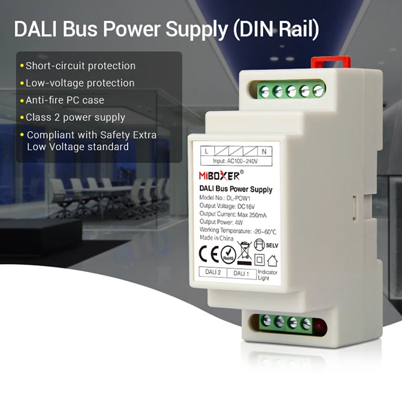 

Miboxer DL-POW1 DIN Rail DALI Bus Power Supply DC16V 4W Max250mA led transformer for AC 110V 220V DALI RGB CCT led downlight