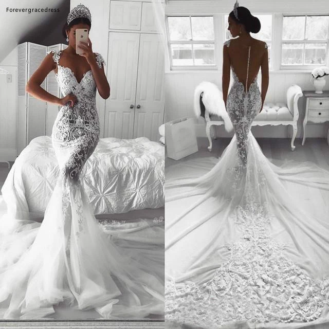 African Wedding Dress Mermaid Lace Sheer Backless With Buttons Covered Long Garden Country Church Bride Bridal Gown Custom Made
African Wedding Dress Mermaid Lace Sheer Backless With Buttons Covered Long Garden Country Church Bride Bridal Gown Custom Made