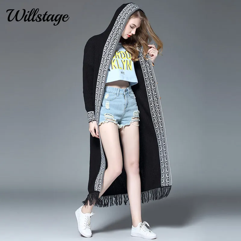 Женский кардиган Willstage черный длинный вязаный с длинными рукавами и кисточками
