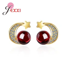 New Arrival Women Moon Ear nail/Pierced Earrings Wholesale Shinning Cubic Zirconia Stud Earrings With Big Round Wine Red Crystal
