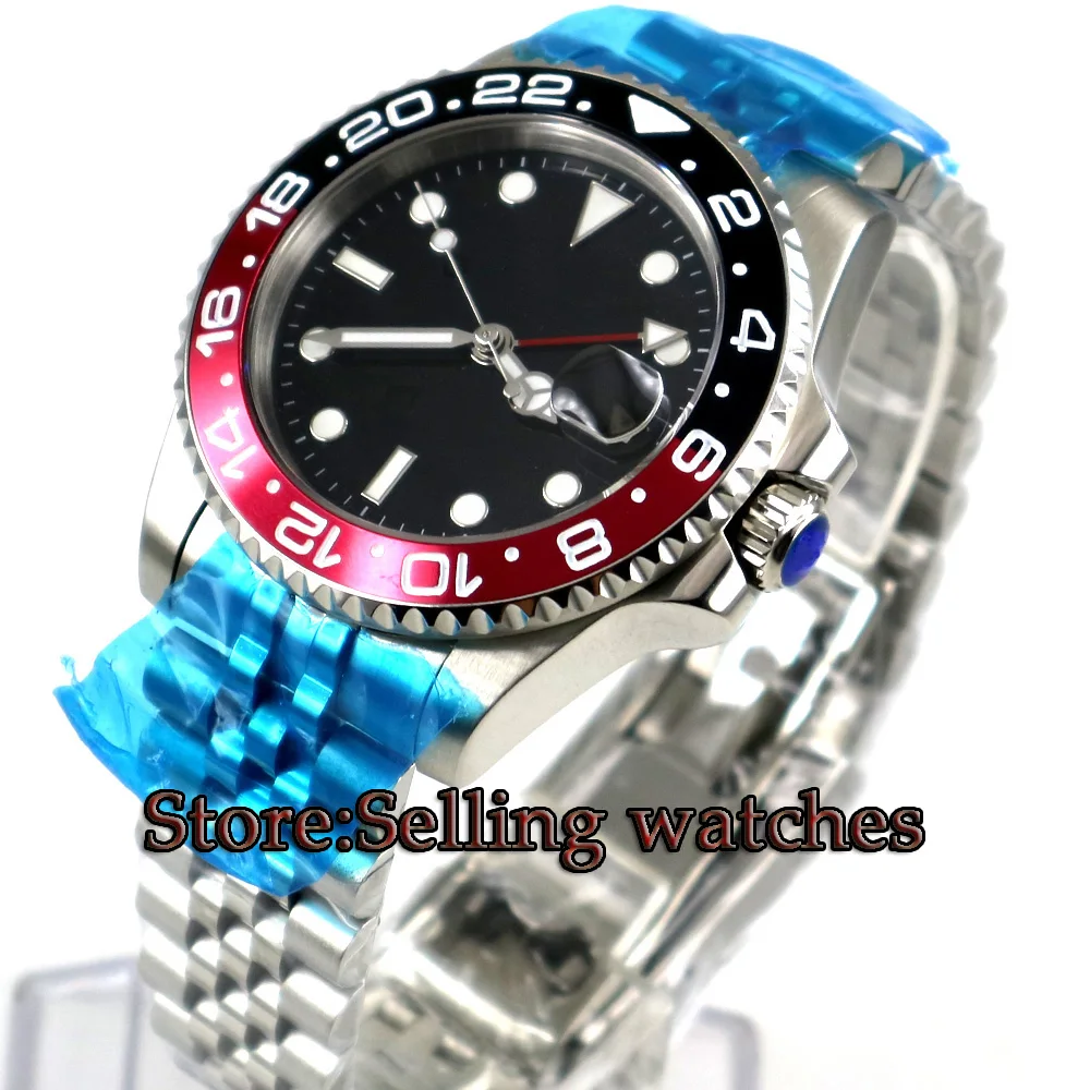 

40mm PARNIS Black Sterile Dial Black & red bezel Sapphire glass date GMT automatic mens watch