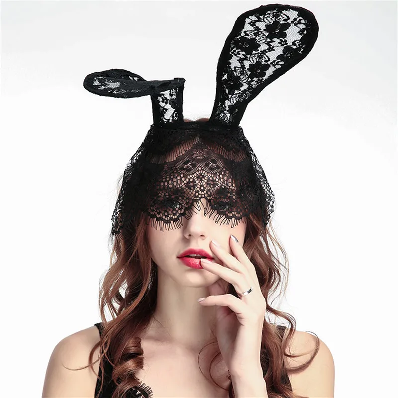 Сексуальные костюмы маска повязка на голову с заячьими ушками черные кружевные