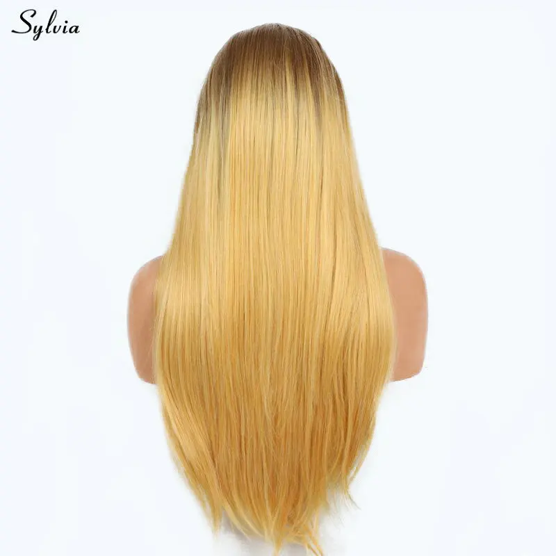 Sylvia Heat Resistant Fiber Natural Straight Blonde Ombre Wig With Bangs Synthetic Lace Front For Women Girls Party Daily | Шиньоны и