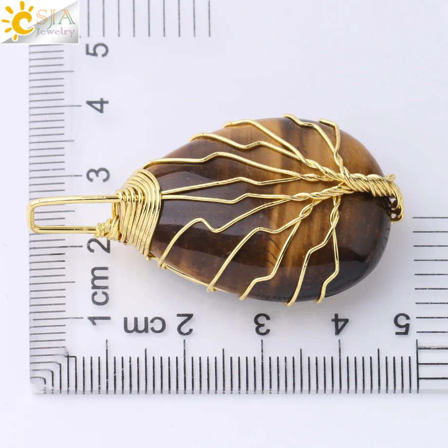Ожерелье CSJA Tree of Life подвеска из натурального камня золотистого цвета проволоки с