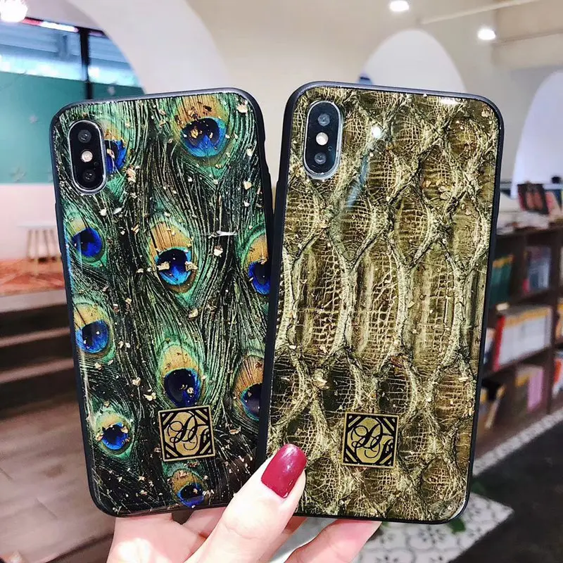 Роскошные Золотые Фольга Блеск чехол для iPhone X XS XR Max 6 S плюс Павлин крокодиловой