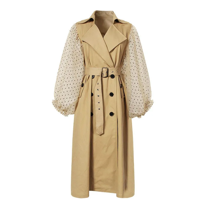 2019 New Spring Long Windbreaker Women Coat Fashion Lapel Long Puff Sleeve Sashes Dot Mesh Stitching Loose
2019 New Spring Long Windbreaker Women Coat Fashion Lapel Long Puff Sleeve Sashes Dot Mesh Stitching Loose