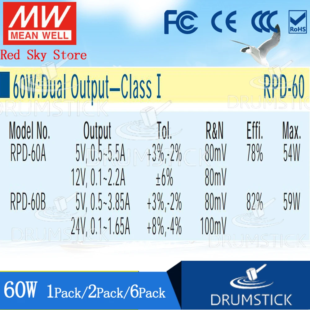 (2PACK) Meanwell 60W Medical Switching Power Supply RPD-60A 5V5.5A+12V2.2A PCB Dual Output RPD-60B 5V3.85A+24V1.65A
(2PACK) Meanwell 60W Medical Switching Power Supply RPD-60A 5V5.5A+12V2.2A PCB Dual Output RPD-60B 5V3.85A+24V1.65A