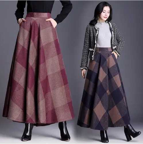 

Autumn Winter Long Plaid Woolen Skirt Women High Elastic Waist Skirt Plus Size Korean Logn Maxi Skirt With Pockets Loose Skirts