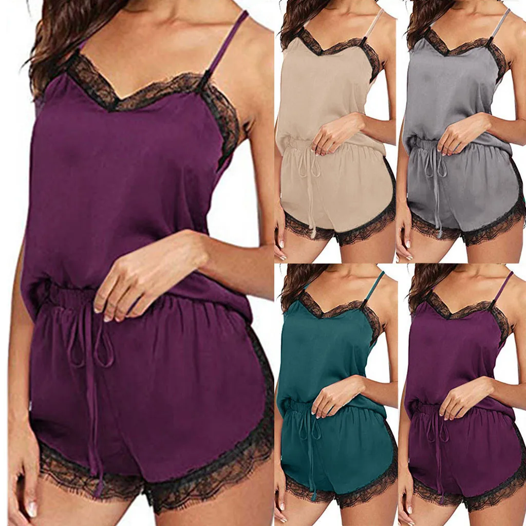 Women Sleepwear Sleeveless Strap Nightwear Lace Trim Satin Cami Top Pajama Sets Pijama Mujer Sleepwear
Women Sleepwear Sleeveless Strap Nightwear Lace Trim Satin Cami Top Pajama Sets Pijama Mujer Sleepwear