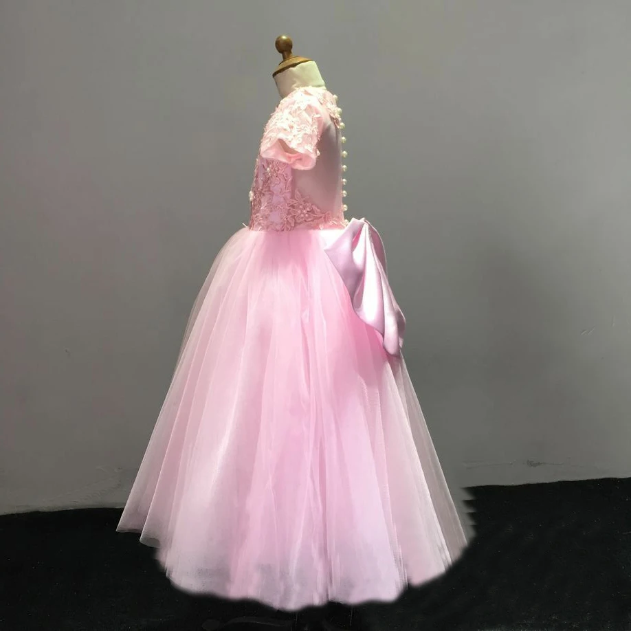 Applique Organza Tulle lace Bows High Collar Button Zipper Hand Made Flower Pearls Ball Gown Pink flower boy Real picture | Свадьбы и
