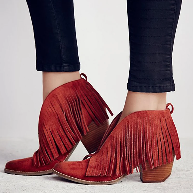 Vintage chunky high heels suede leather woman ankle boots V sharpe fringe bota feminina red black cowboy boots shallow botines
Vintage chunky high heels suede leather woman ankle boots V sharpe fringe bota feminina red black cowboy boots shallow botines