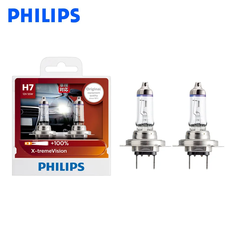 

Philips H7 12V 55W PX26d X-treme Vision Car Headlight Bulbs Bright Halogen Lamps ECE Approve 100% More Vision 12972XV S2, Pair