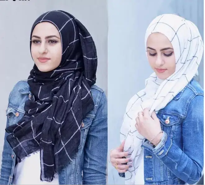 Фото 1 шт. Классический Клетчатый хлопковый мусульманский хиджаб шарф для женщин