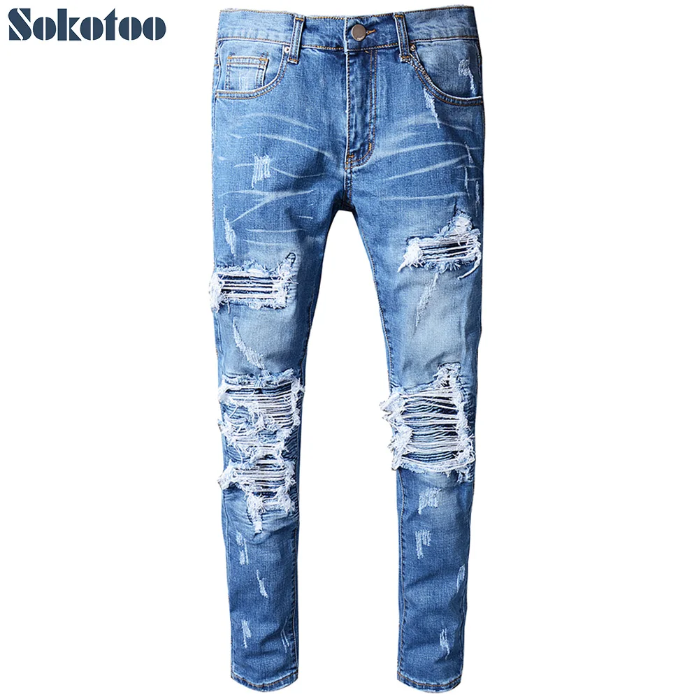 

Sokotoo Men's blue pleated patchwork hole ripped biker jeans for motorcycle Casual slim skinny distressed stretch denim pants