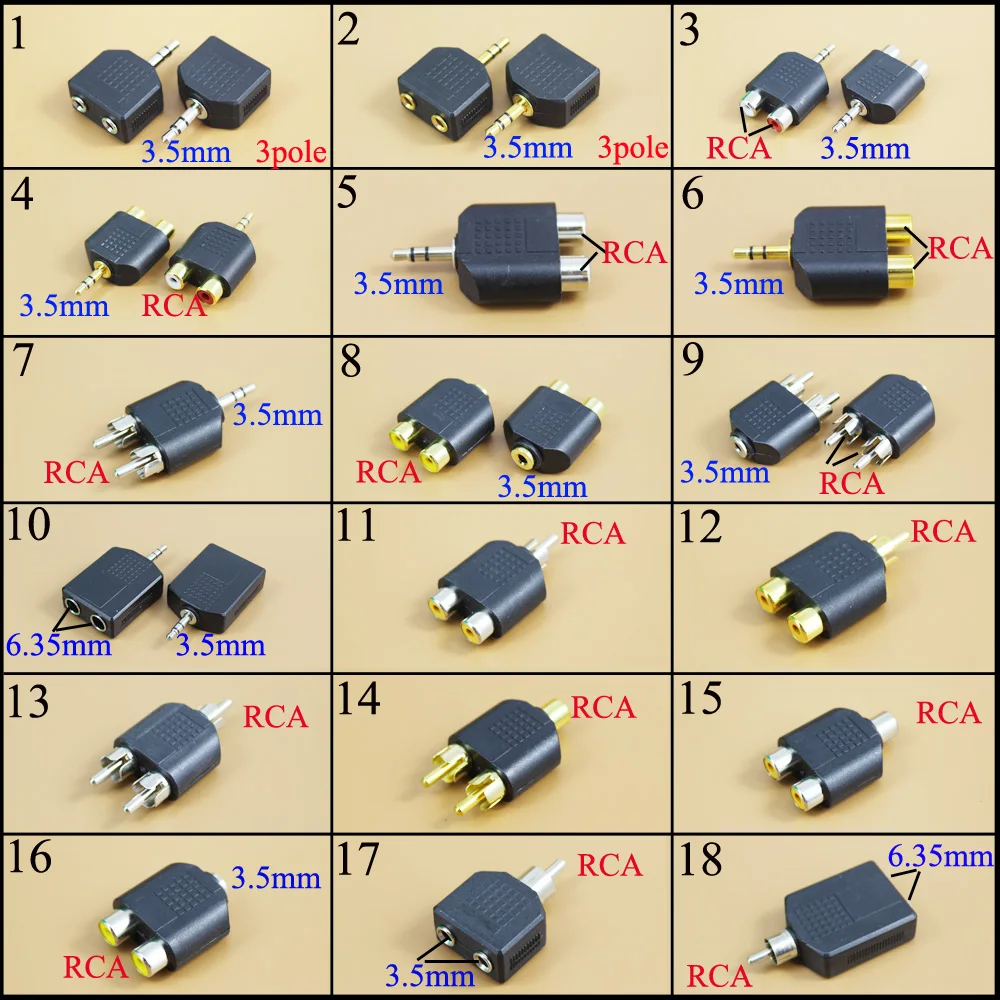 3.5mm/6.35 Female To 2 RCA Male F/M or M/F Male Jack To 2 Dual RCA Female Plug AV Stereo Audio Adapter Y Plug Splitter Connector
3.5mm/6.35 Female To 2 RCA Male F/M or M/F Male Jack To 2 Dual RCA Female Plug AV Stereo Audio Adapter Y Plug Splitter Connector