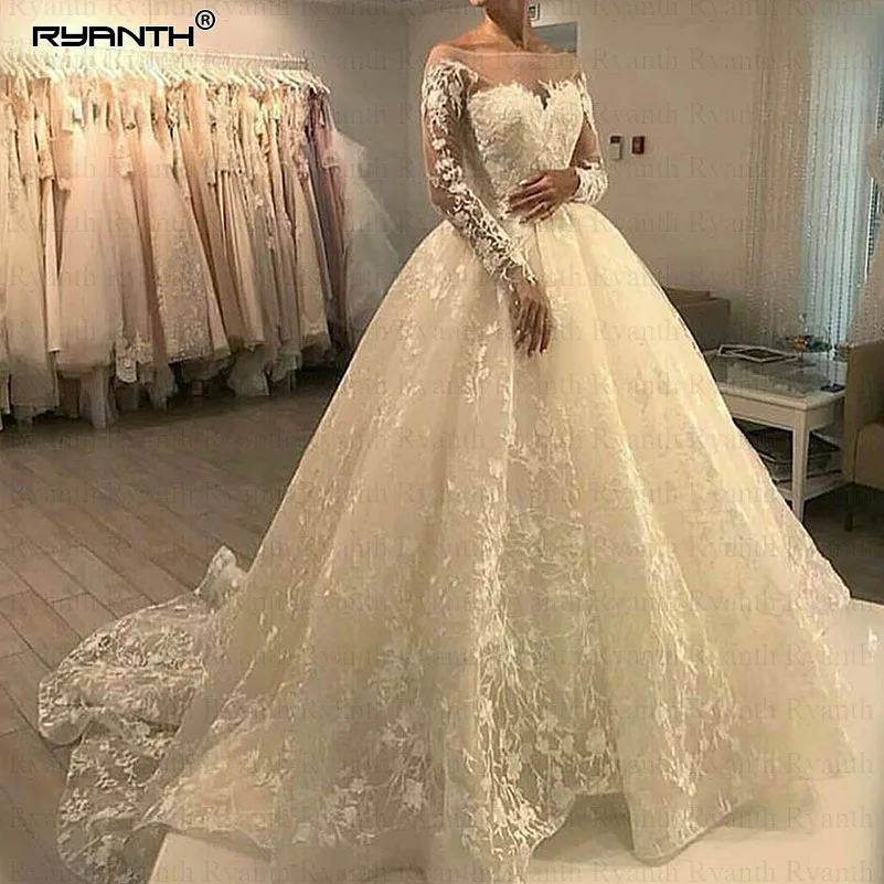 

Vestido De Noiva Long Sleeve Wedding Dresses 2023 Ball Gown Lace Boat Neck Bridal Gowns Robe De Mariee Luxury Bride Dress