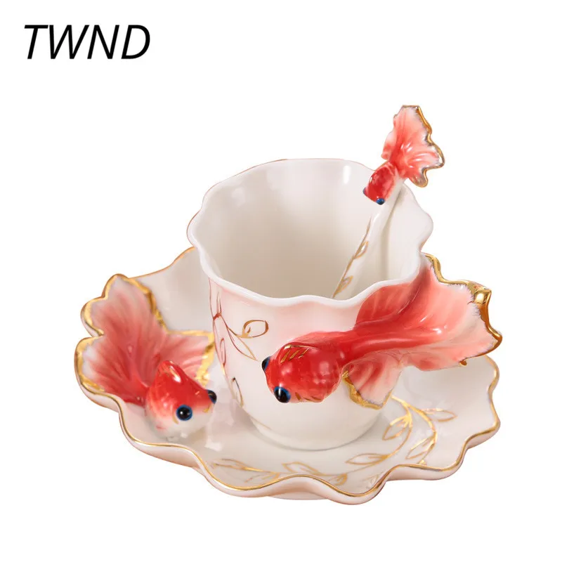 

Enamel Goldfish Coffee Mugs Tea Cups With Saucer Spoon Creative Porcelain Drinkware