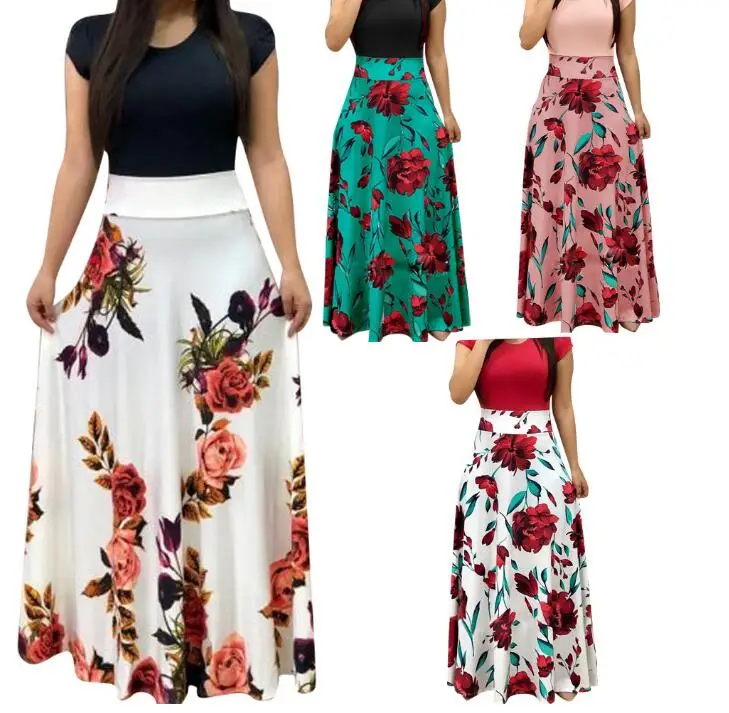 Summer Dress Short Sleeve High Waist Long Dresses Robe Femme Floral Print Colorblock Maxi Dress
Summer Dress Short Sleeve High Waist Long Dresses Robe Femme Floral Print Colorblock Maxi Dress