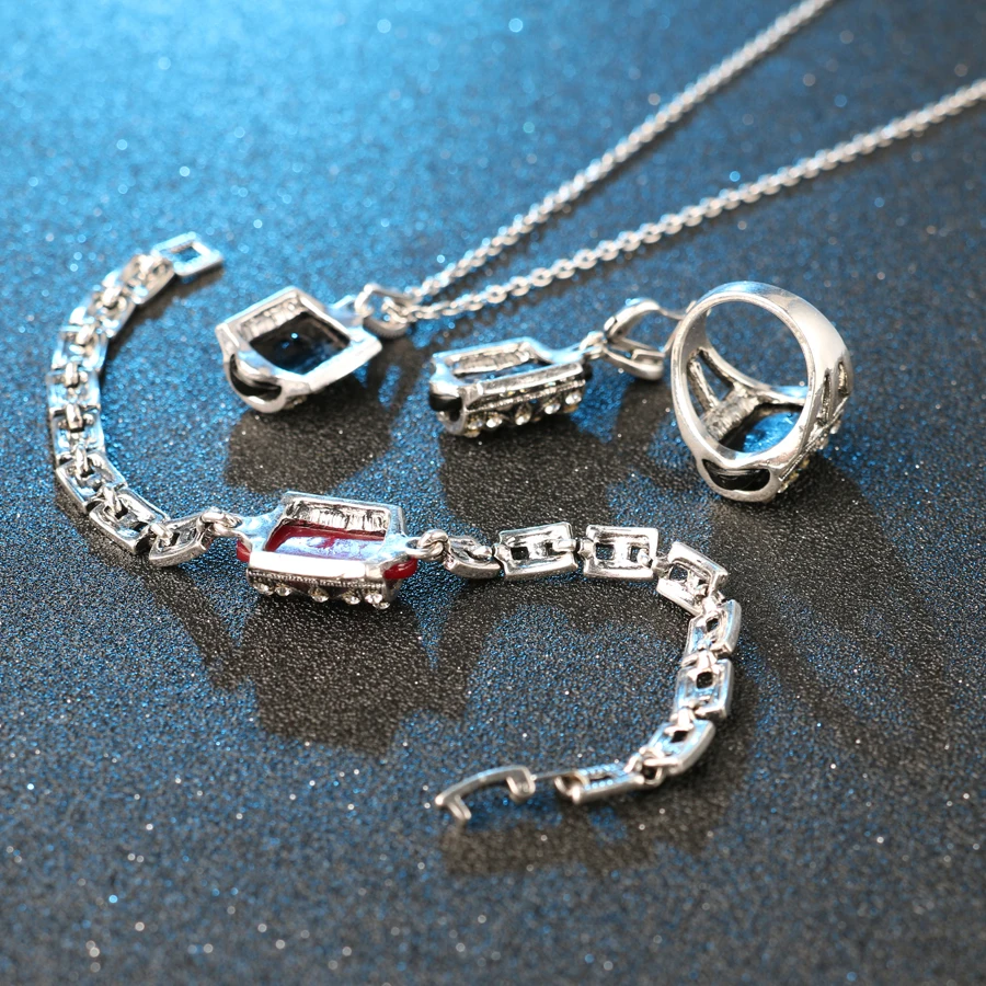4 Pcs/lot Fashion Antique Silver Color Crystal Ring Necklace Earrings Bracelet Wedding Jewelry Sets Gifts For Women Accessories | Украшения