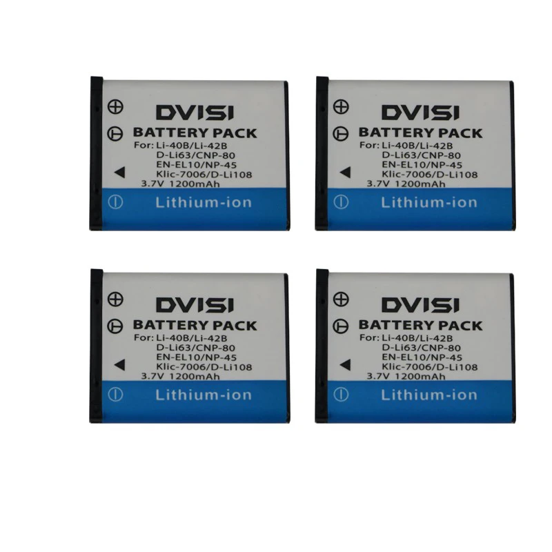 4Pcs 3.7V 1200mAh Battery LI-42B 42B Li-40B 40B NP-45 NP45 FNP45 EN-EL10 D-Li63 DLI63 D-Li108 DLI108 NP-80 NP80 CNP80 KLIC-7006
4Pcs 3.7V 1200mAh Battery LI-42B 42B Li-40B 40B NP-45 NP45 FNP45 EN-EL10 D-Li63 DLI63 D-Li108 DLI108 NP-80 NP80 CNP80 KLIC-7006