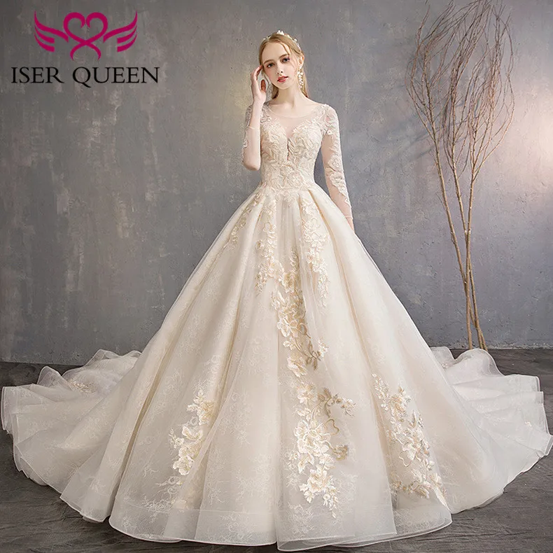 See-through Long Sleeves V-neck Champagne Wedding Dresses Fantastic Embroidery Lace up Backless Ball Gown Bride dress WX0148
See-through Long Sleeves V-neck Champagne Wedding Dresses Fantastic Embroidery Lace up Backless Ball Gown Bride dress WX0148