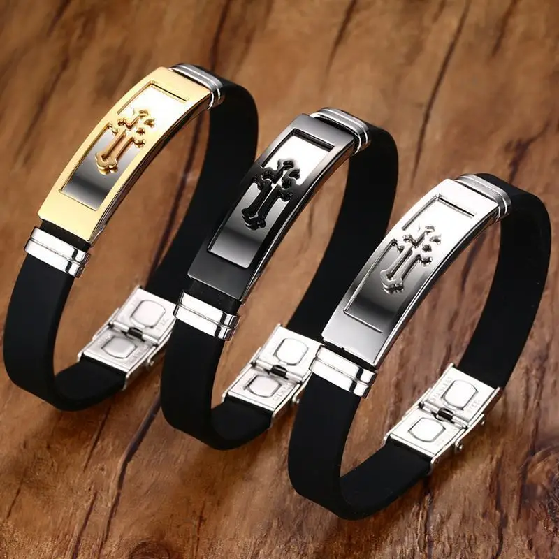 Gold Tone Cross Cuff Bracelet for Men Black Rubber Bracelets Bangles Male Prayer Armhand Jewelry 8"
Gold Tone Cross Cuff Bracelet for Men Black Rubber Bracelets Bangles Male Prayer Armhand Jewelry 8"