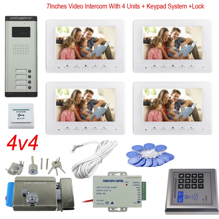 Access Control Keypad 4 Apartments Video Door Intercom Color 7" Indoor Monitor Video Doorbell System + Electronic Door Lock Unit
Access Control Keypad 4 Apartments Video Door Intercom Color 7" Indoor Monitor Video Doorbell System + Electronic Door Lock Unit