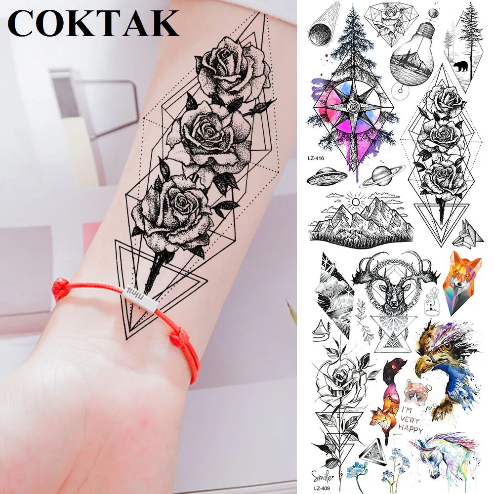Geometric Flower Rose Tree Compass Black Hill Fake Tattoos Women Stickers Body Arm Hands Tattoo Temporary Men Planet Custom Tato
Geometric Flower Rose Tree Compass Black Hill Fake Tattoos Women Stickers Body Arm Hands Tattoo Temporary Men Planet Custom Tato