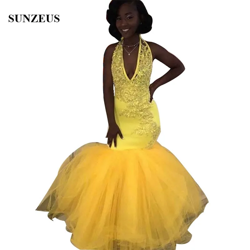 Prom Dresses Yellow Mermaid Long Party Gowns Halter Neck Appliques Black Girl Dress Abendkleider
Prom Dresses Yellow Mermaid Long Party Gowns Halter Neck Appliques Black Girl Dress Abendkleider