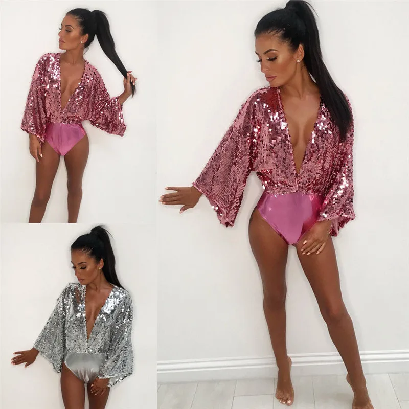 Sexy sequins Women one piece bodysuits rompers beachwear Summer fashion Deep V Neck Flare sleeve Skinny Bathing Clothes Holiday
Sexy sequins Women one piece bodysuits rompers beachwear Summer fashion Deep V Neck Flare sleeve Skinny Bathing Clothes Holiday