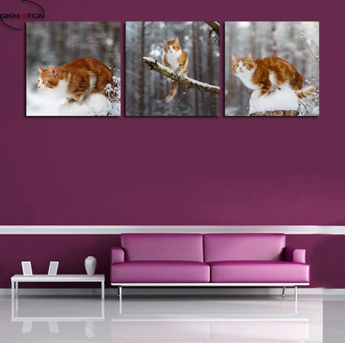 Оранжевый кот снег зима Животные Печать постер без рамки Картина Современный
