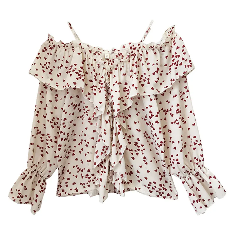 PERHAPS U Khaki Black Chiffon Women Blouse Ruffle V Neck Heart Print Long Sleeve Top Korean B0286
PERHAPS U Khaki Black Chiffon Women Blouse Ruffle V Neck Heart Print Long Sleeve Top Korean B0286