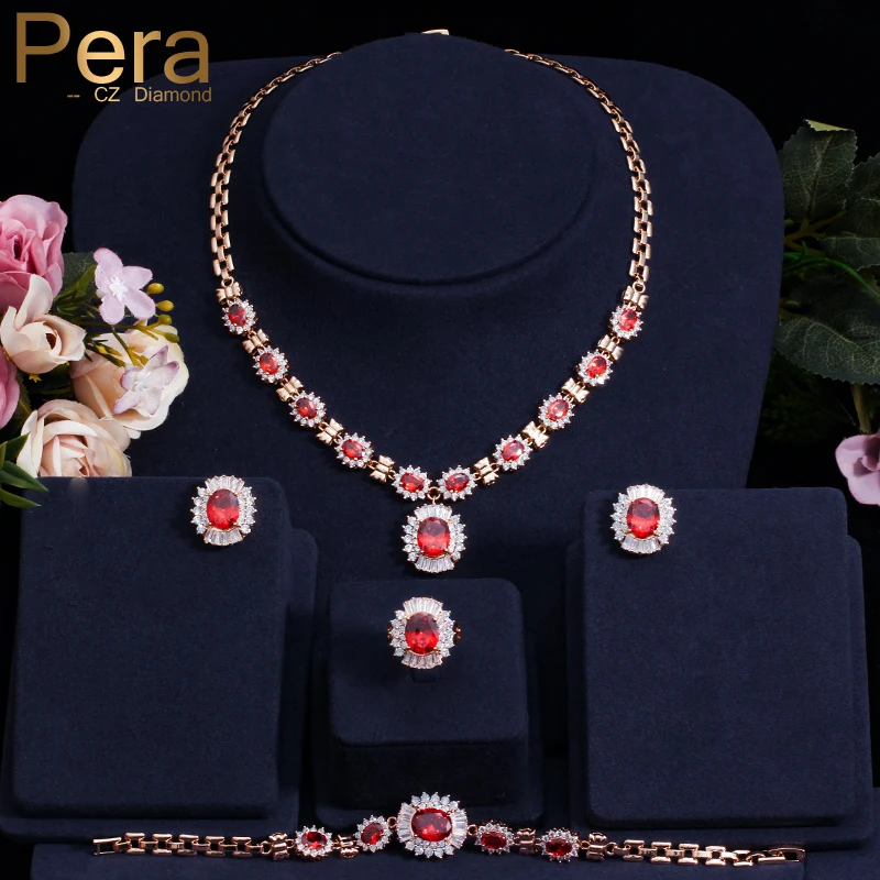 Pera Noble Gold Color Red Cubic Zirconia Stone Necklace Bracelet Earrings Ring 4 Piece Wedding Party Jewelry Sets For Women J088
Pera Noble Gold Color Red Cubic Zirconia Stone Necklace Bracelet Earrings Ring 4 Piece Wedding Party Jewelry Sets For Women J088