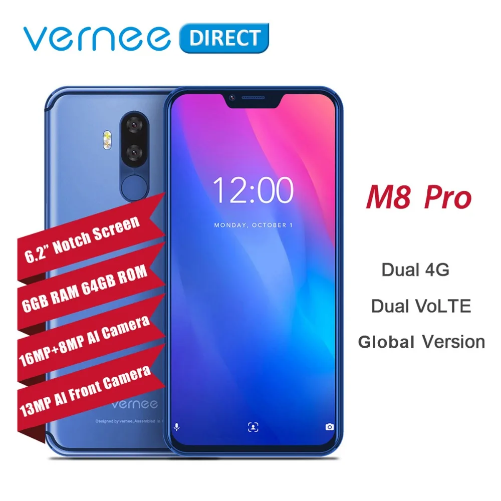 Vernee M8 Pro Нотч Экран Android 8 1 мобильный телефон 6 2 &quotOcta Core AI Камера ГБ + 4G B 4100 мАч