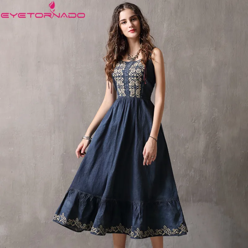 Flower Embroidery Vintage Casual Denim Dress Summer Strap Sleeveless Ruffled Sundress Long Casual Jeans Midi dress Vestido
Flower Embroidery Vintage Casual Denim Dress Summer Strap Sleeveless Ruffled Sundress Long Casual Jeans Midi dress Vestido