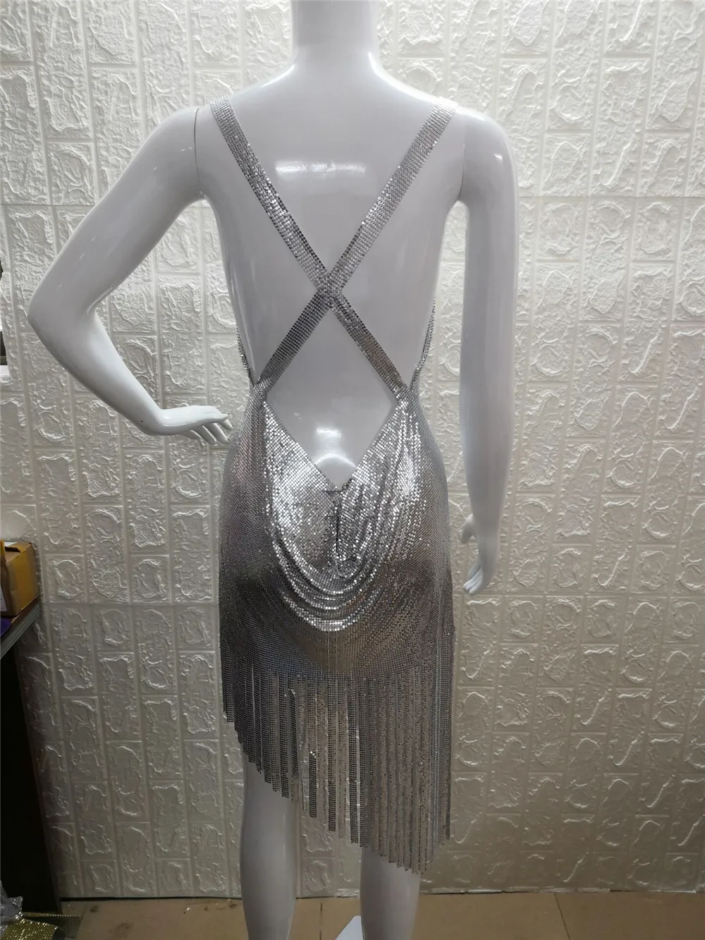 Женское металлическое Сетчатое платье с открытой спиной блестками цепочкой для