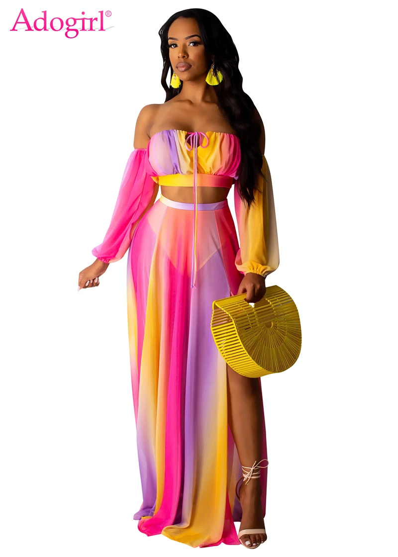 Adogirl Rainbow Stripe Print Chiffon Dress Women Two Piece Set Strapless Off Shoulder Long Sleeve Crop Top High Slit Maxi Skirt
Adogirl Rainbow Stripe Print Chiffon Dress Women Two Piece Set Strapless Off Shoulder Long Sleeve Crop Top High Slit Maxi Skirt