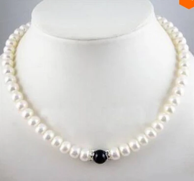 Brinco Свадьба Очаровательная 7-8 мм белый FW жемчуг + ожерелье с черными камнями 18