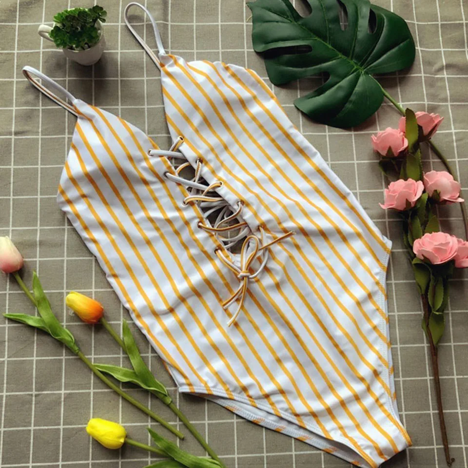 Yellow Monokini Vertical Stripe Swimsuit Cross Vintage Retro Bandage Summer Women Suspender One Piece Mini Thong Beach | Спорт и
