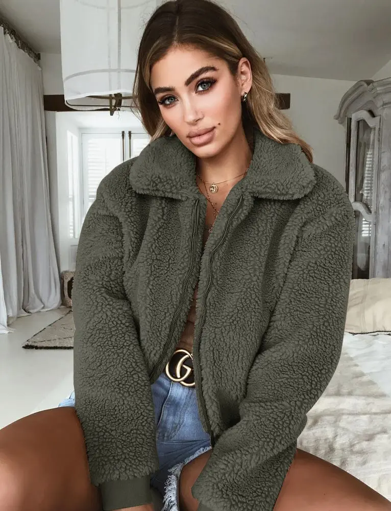 Ladies Warm Outerwear Zipper Solid Loose Coat Women Casual Winter Fluffy Long Sleeve Jacket
Ladies Warm Outerwear Zipper Solid Loose Coat Women Casual Winter Fluffy Long Sleeve Jacket