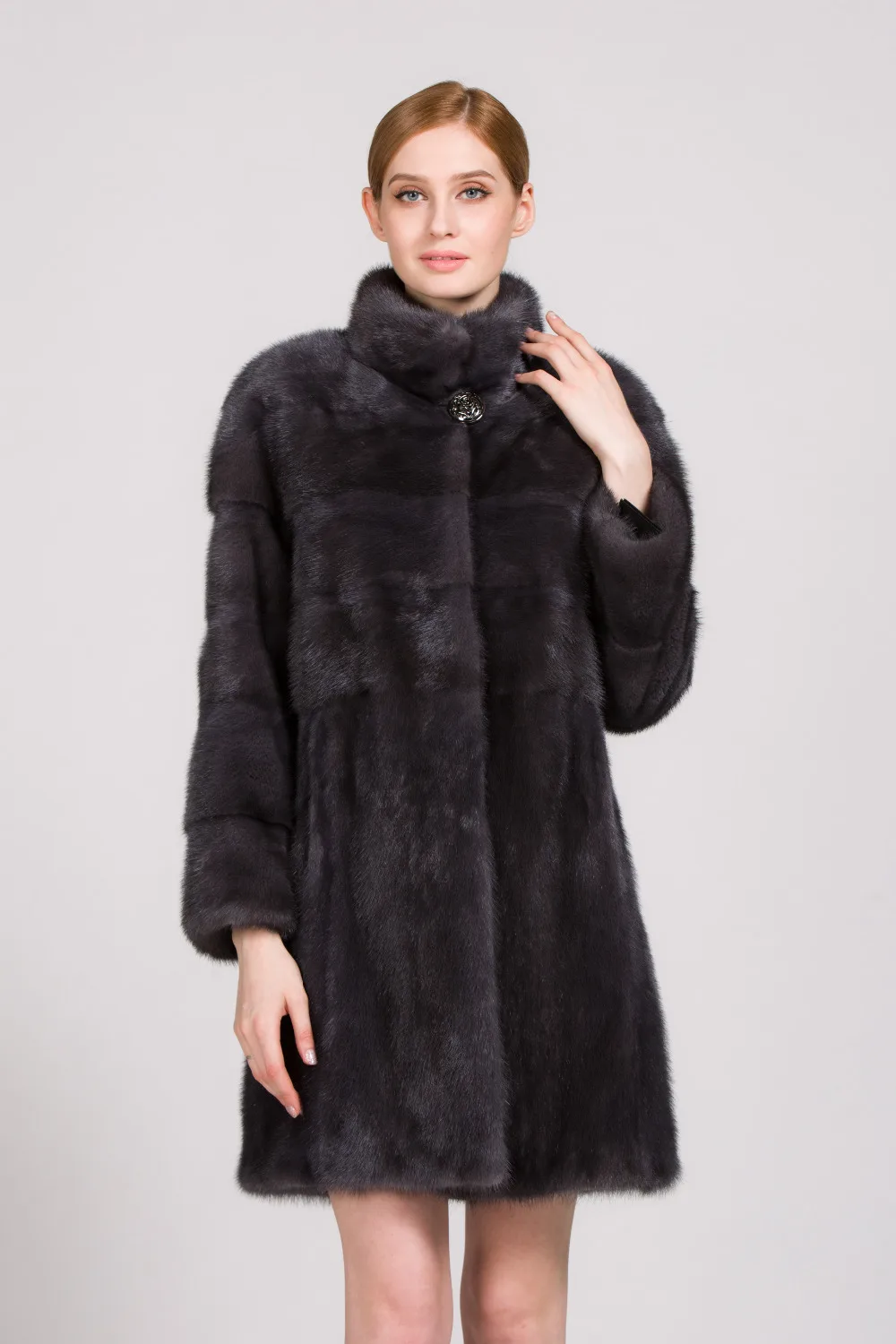 Stand collar with striped cut full pelt dark grey new fashionable woman natural mink fur coat
Stand collar with striped cut full pelt dark grey new fashionable woman natural mink fur coat